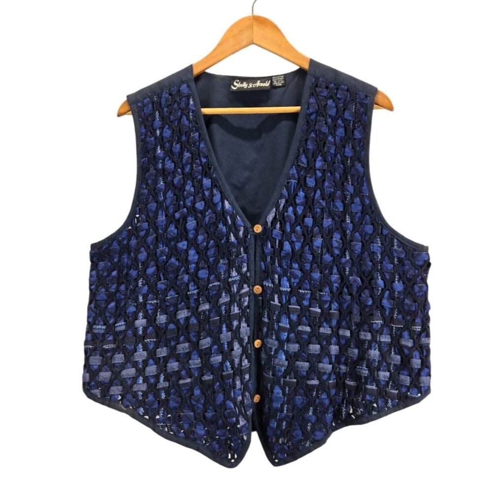 Vtg 90s Vest Woven Cotton Blue Sz L/XL Shelly & Arnold Cottage Boho Western